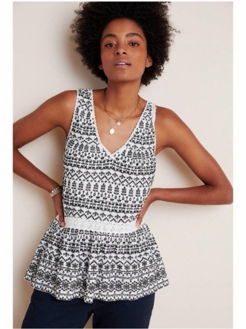 Maeve by Anthropologie Sleeveless White Dress with Black Embroidered Pattern Top
